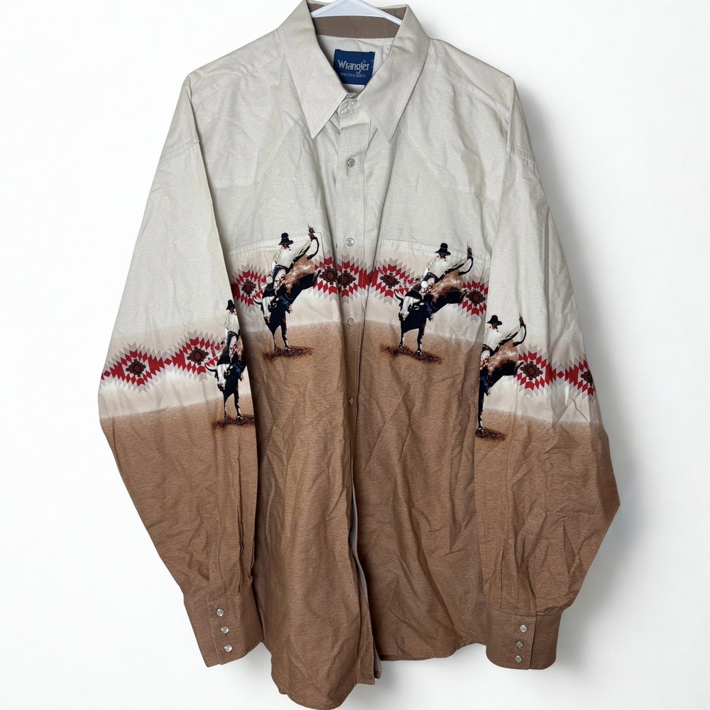 Vintage Wrangler Western Pearl Snap Shirt XL Men's Rodeo Cowboy Aztec Cream Tan